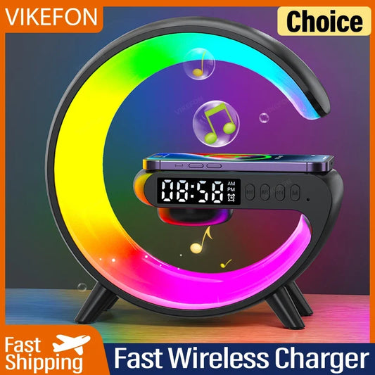 VIKEFON Multifunction Wireless Charger Pad Stand Speaker TF RGB Night Light Fast Charging Station for iPhone 15 14 13 Samsung